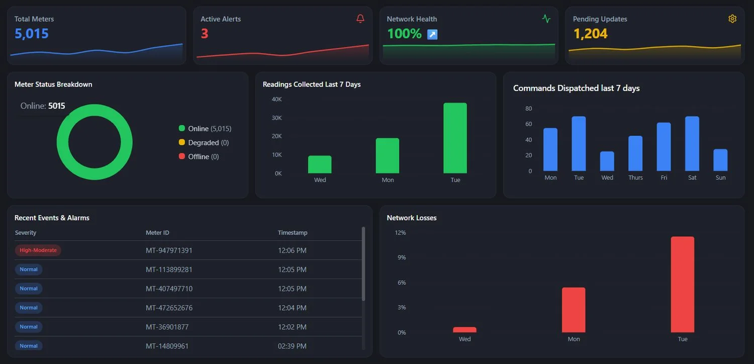 The MetersBoard operations dashboard — total meters, active alerts, network health, meter status breakdown, readings collected over seven days, recent events and alarms, and network losses